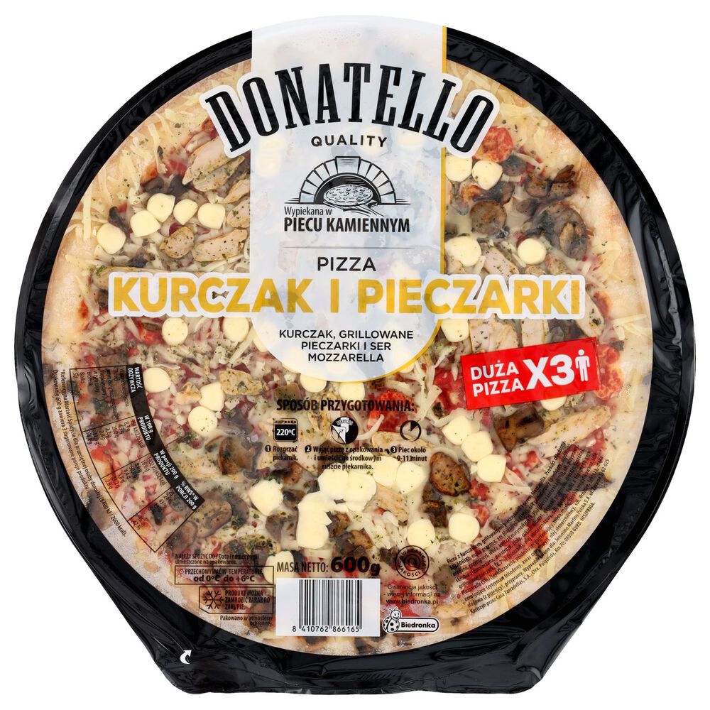 Donatello Pizza kurczak i pieczarki (kurczak, grillowane pieczarki i ser Mozzarella) 600 g. /szt.